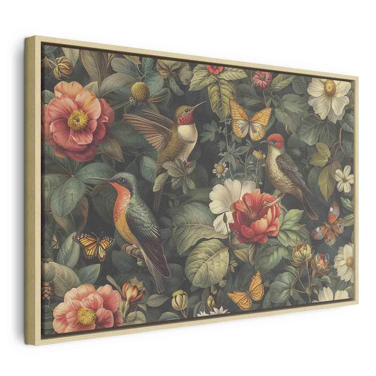 Leinwandbild - Flowers, birds and butterflies – vintage-style illustration
