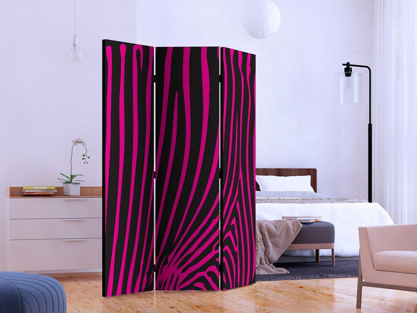 Paravent with violet zebra pattern in modern bedroom setting.