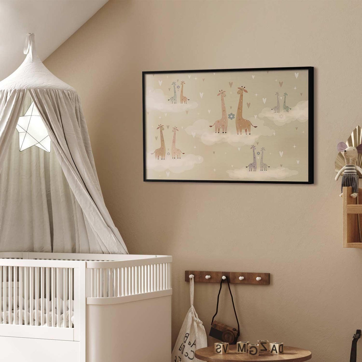 "Loving Giraffes poster in a cozy nursery room setting"