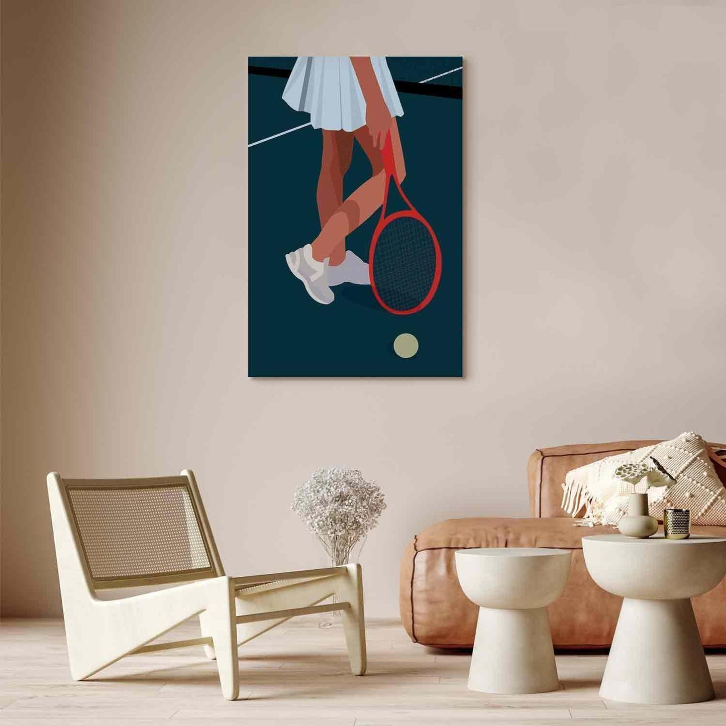 Leinwandbild - Female Tennis Player With a Red Racket on the Court - Graphics Artgeist