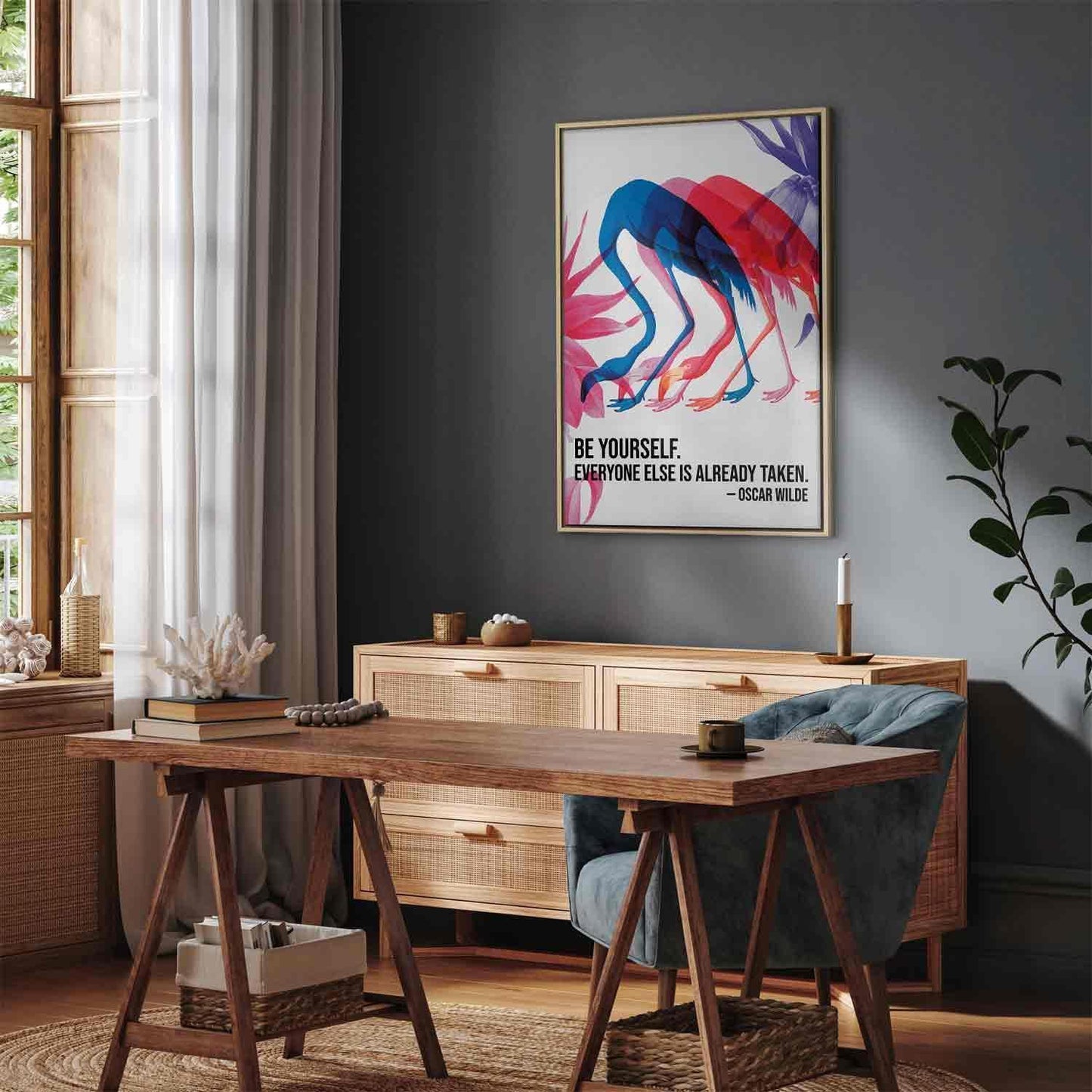 Leinwandbild - Colorful Flamingos - Inspirational Quote with Colorful Bird Silhouettes Artgeist