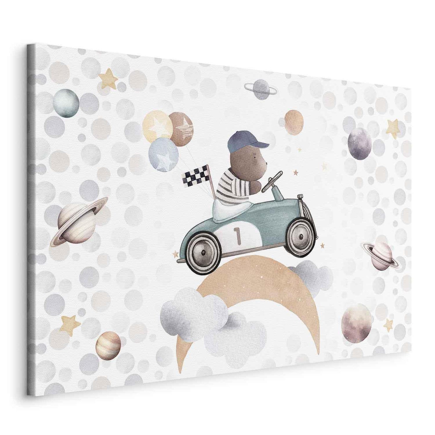 Leinwandbild - Galactic Races - A Bear Participating in Car Races Among Planets Clouds and Stars in Pastel Hues Artgeist