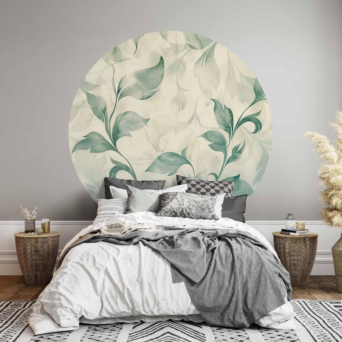 Runde Fototapete Grüne Beige Blätter im Wohnzimmer – Watercolour Botanical Interior
Grüne Beige Wanddeko Aquarell – Round Wall Decor Botanical Leaves