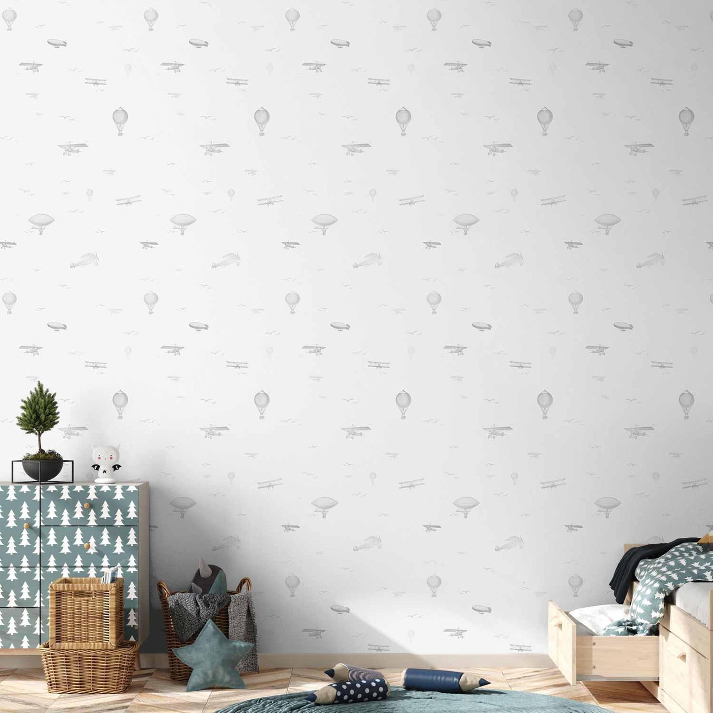 Tapete - Drawing - Airplanes - balloons - and airships against a sky full of birds