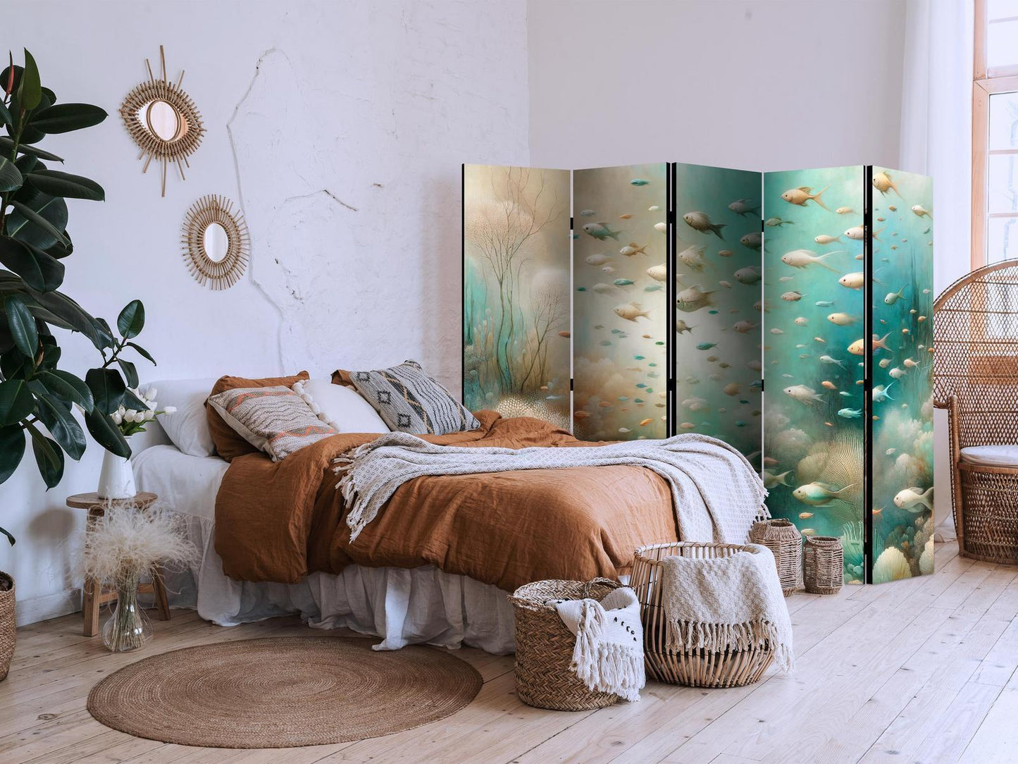 Paravent - Spectacular Underwater Landscape - Fish in an Underwater World in Turquoise Blue Beige and Delicate Orange Colors Artgeist