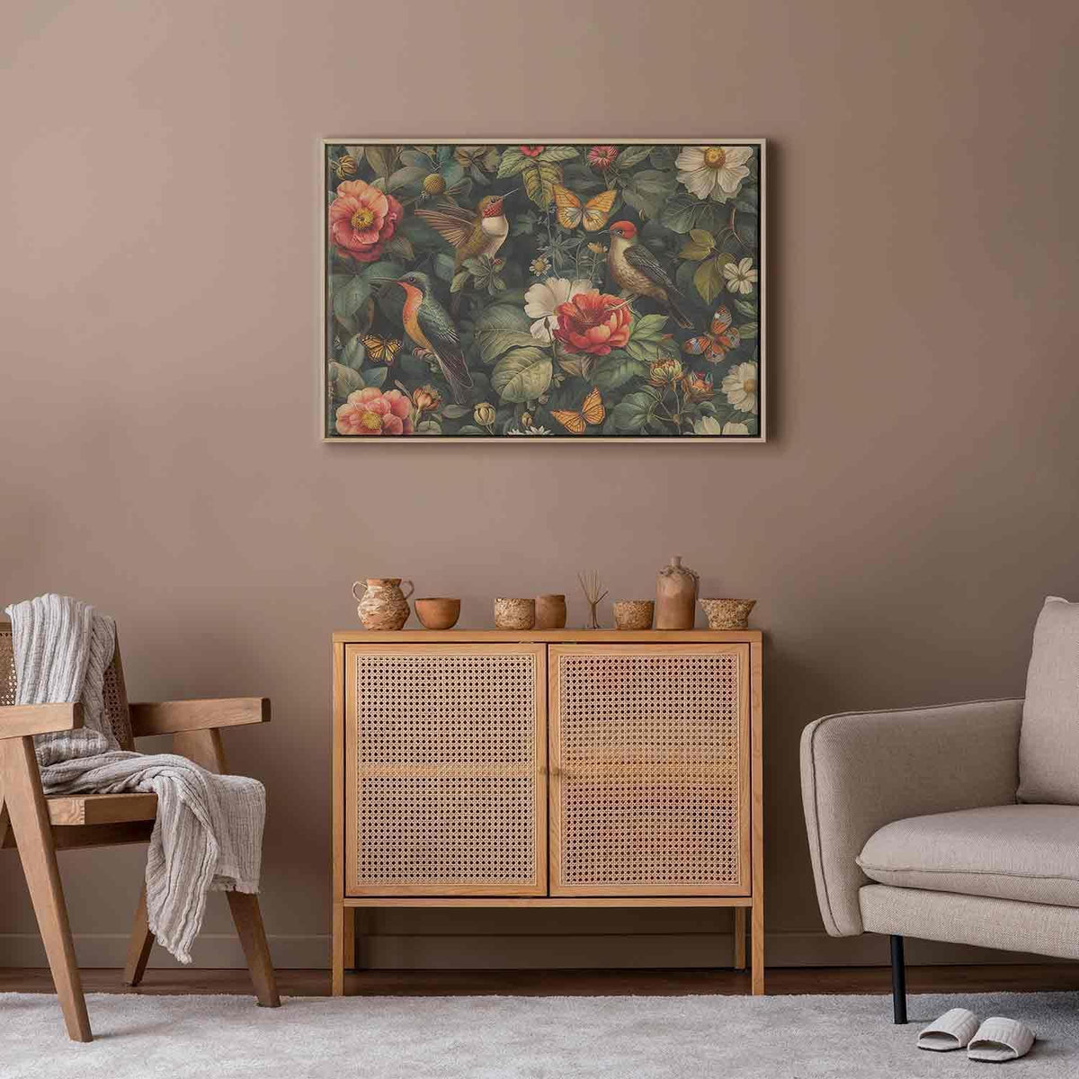 Leinwandbild - Flowers, birds and butterflies – vintage-style illustration