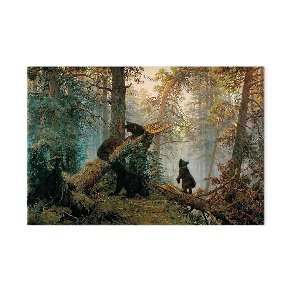 Leinwandbild Morgen im Kiefernwald von Ivan Shishkin - Bären im nebligen Kiefernwald bei Sonnenaufgang