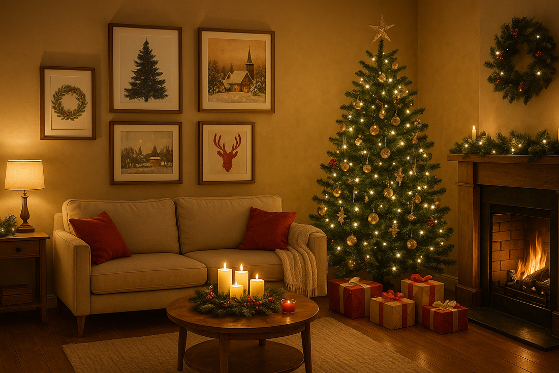  Gemütliches Wohnzimmer mit weihnachtlicher Wanddekoration und festlichen Wandbildern, die eine warme Atmosphäre schaffen