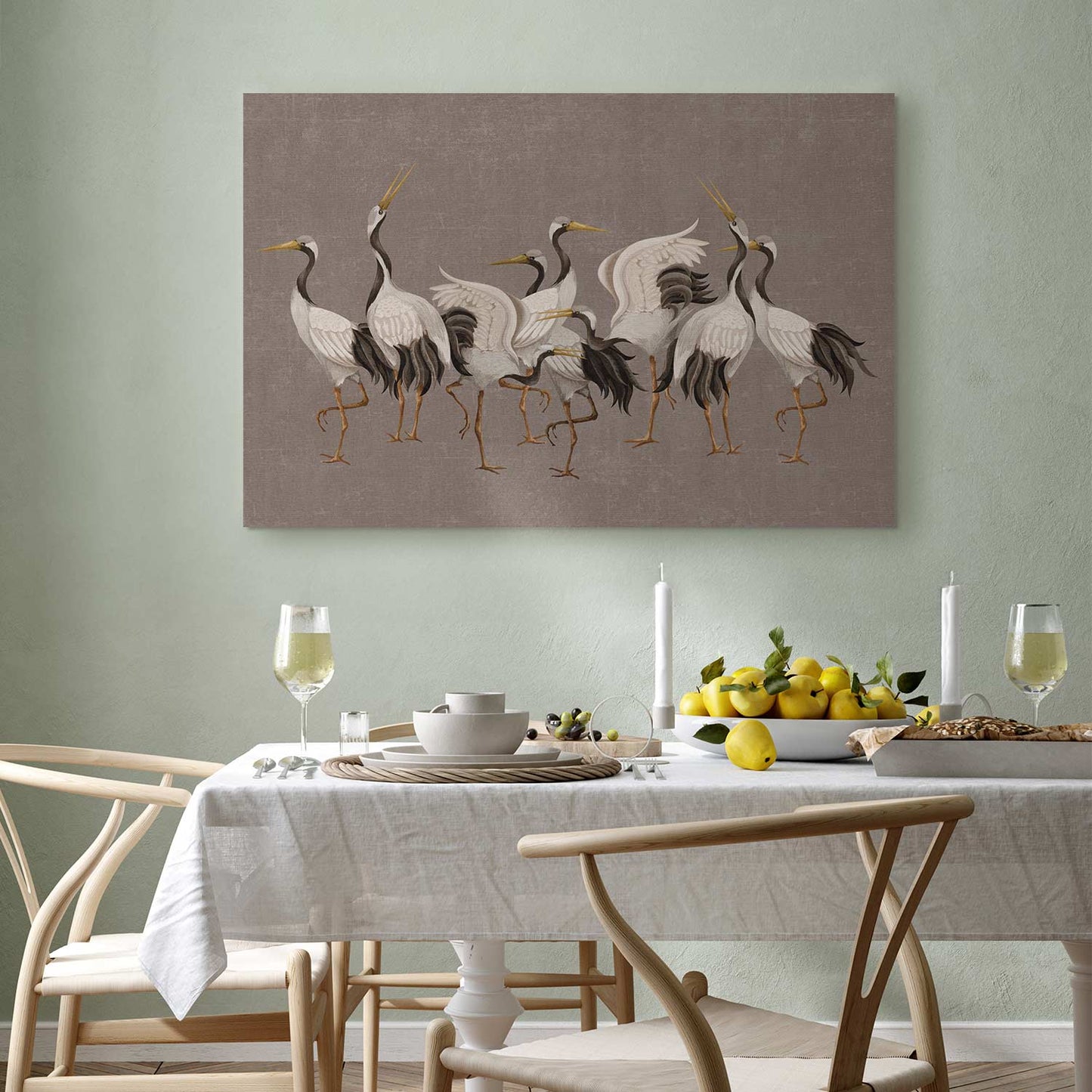 Leinwandbild - Crane dance – bright silhouettes of birds against a warm grey background with texture