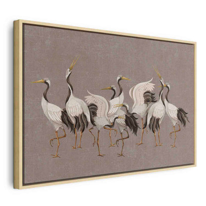 Leinwandbild - Crane dance – bright silhouettes of birds against a warm grey background with texture