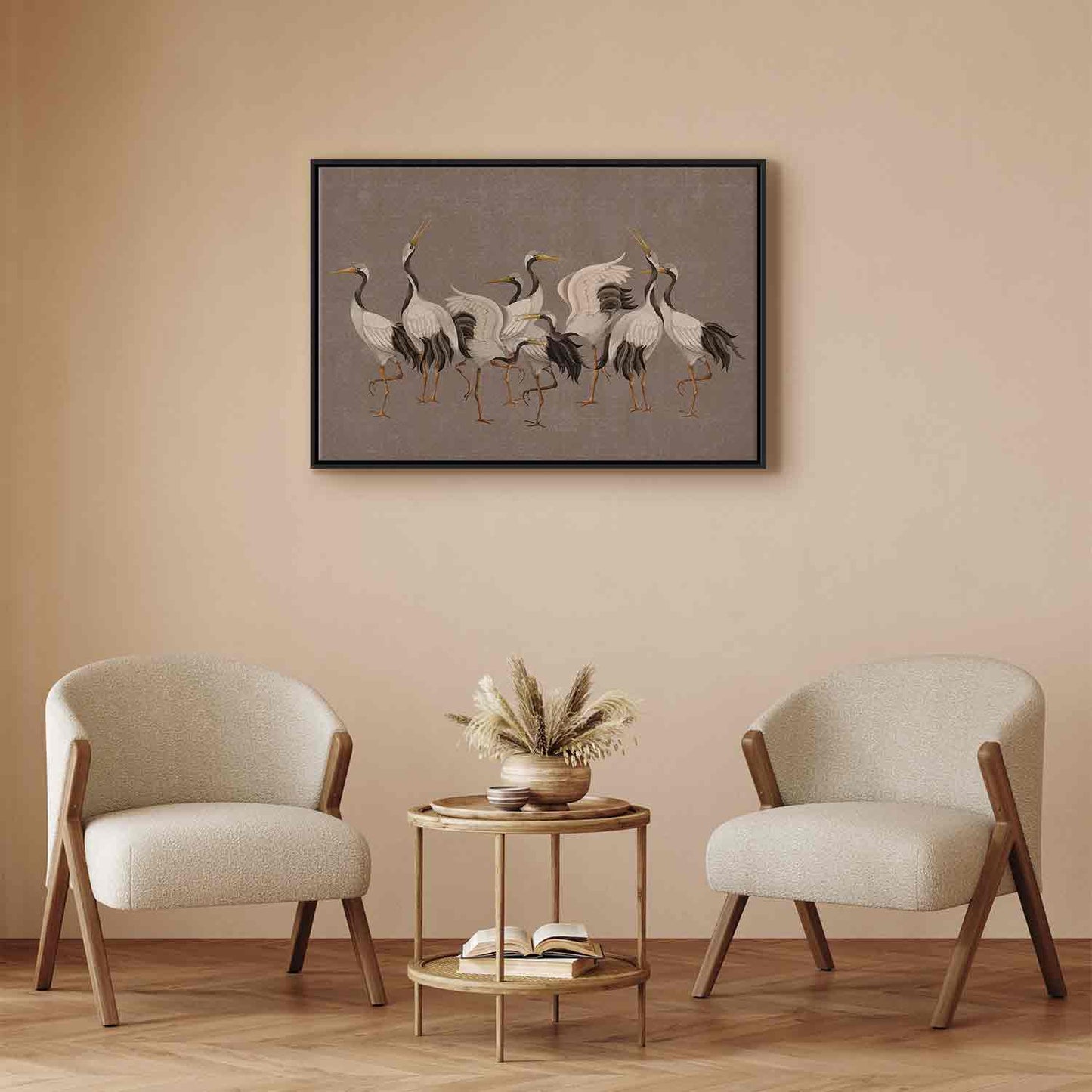 Leinwandbild - Crane dance – bright silhouettes of birds against a warm grey background with texture