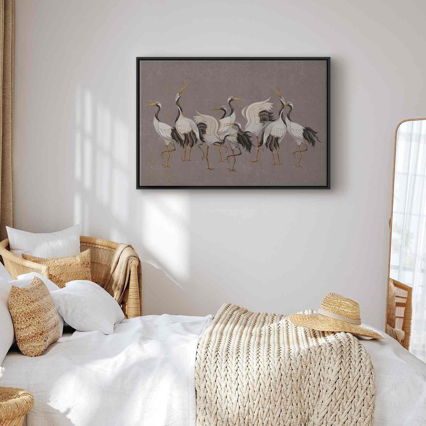 Leinwandbild - Crane dance – bright silhouettes of birds against a warm grey background with texture