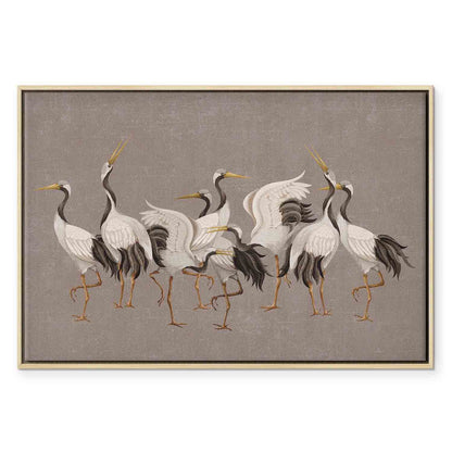 Leinwandbild - Crane dance – bright silhouettes of birds against a warm grey background with texture