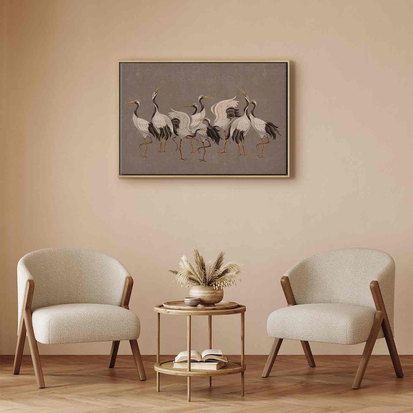 Leinwandbild - Crane dance – bright silhouettes of birds against a warm grey background with texture