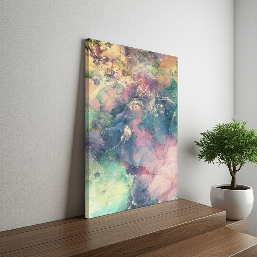 Wanddeko mit kräftigen Farbtönen im Wohnzimmer

