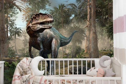 Fototapete Realistische Dinosaurier und Palmen – Abenteuer für Kinderzimmer