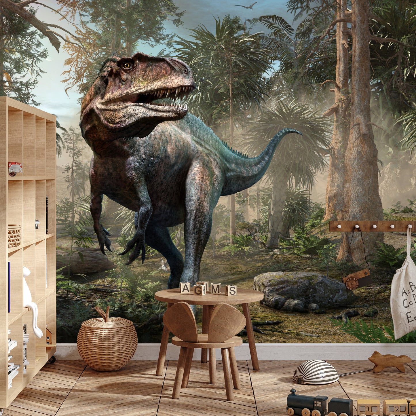 Fototapete Realistische Dinosaurier und Palmen – Abenteuer für Kinderzimmer