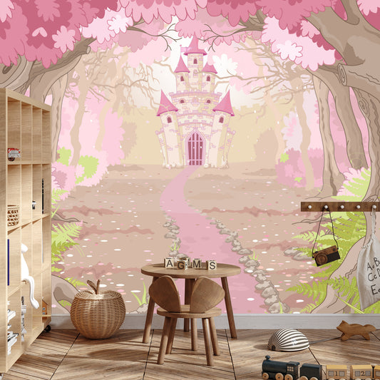 Fototapete Märchenschloss Rosa – Märchenwald fürs Mädchenzimmer