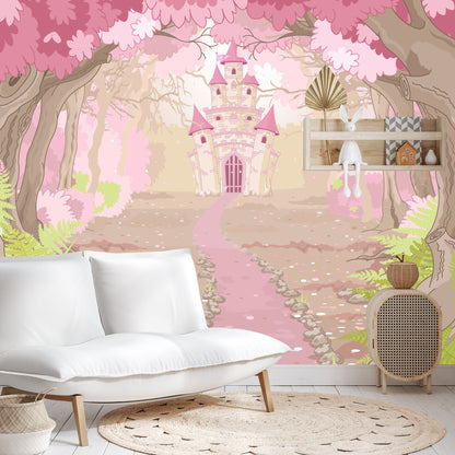 Fototapete Schloss im rosafarbenen Wald – Märchen für Mädchenzimmer