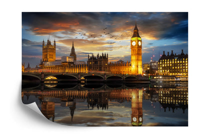 Fototapete London bei Nacht – Beleuchtete Skyline mit Big Ben