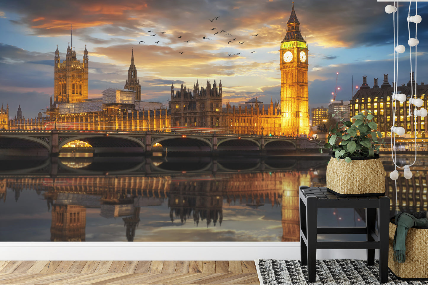 Fototapete London bei Nacht – Beleuchtete Skyline mit Big Ben