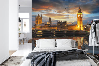 Fototapete London bei Nacht – Beleuchtete Skyline mit Big Ben