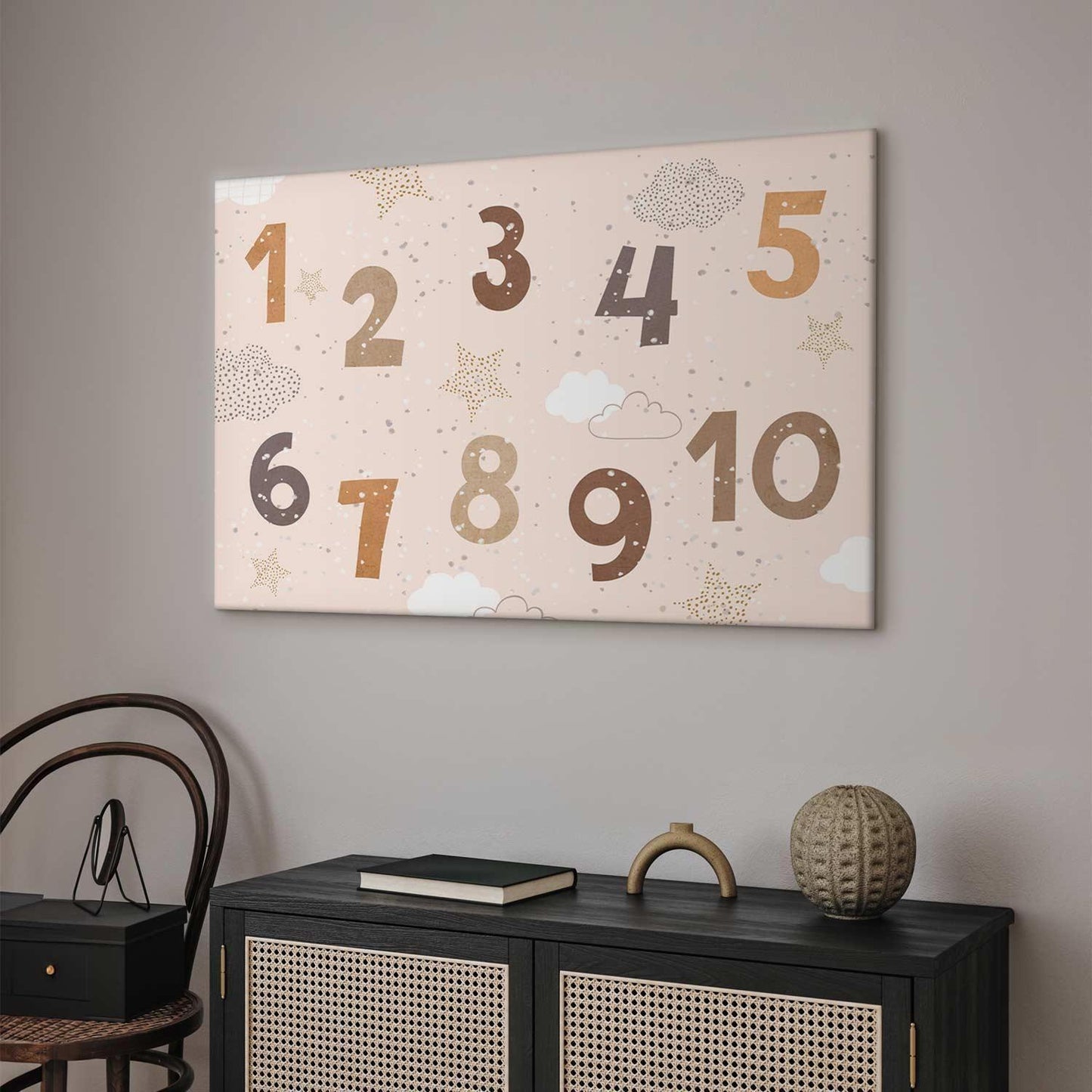 Leinwandbild - Jumping Numbers - Numbers in a Subdued Beige-Brown Hue Among Snowflakes Stars and Clouds