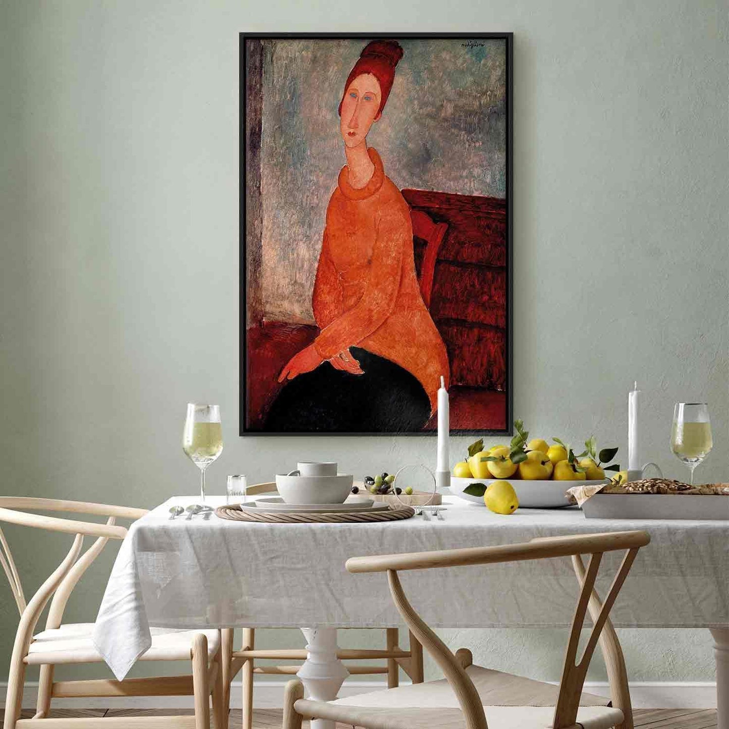 Canvas art - Jeanne Hebuterne in a Yellow Sweater displayed in a dining room setting.