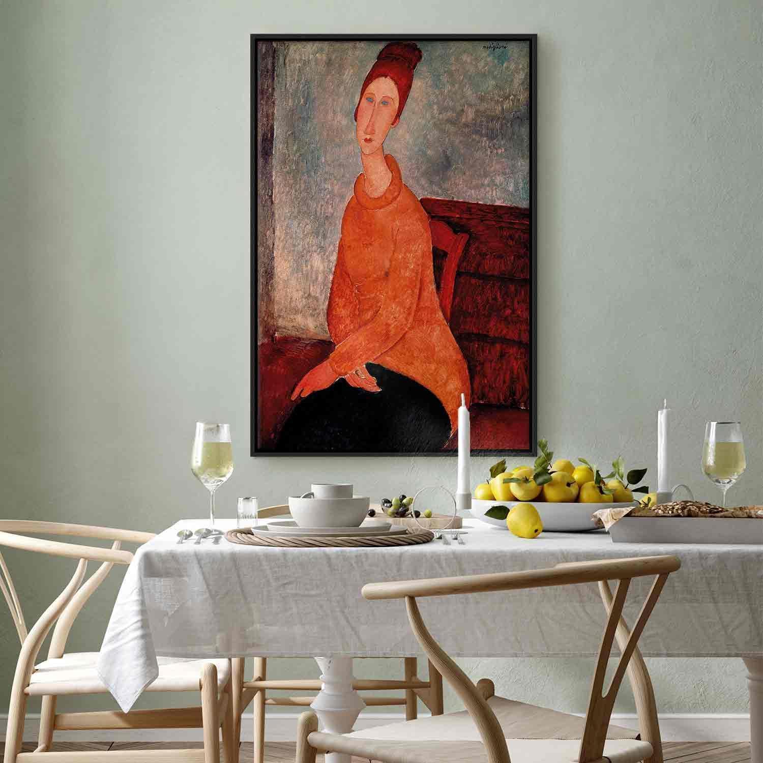 Canvas art - Jeanne Hebuterne in a Yellow Sweater displayed in a dining room setting.