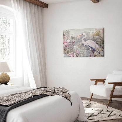 Leinwandbild - Heron wading in a pond - illustration in bright colours