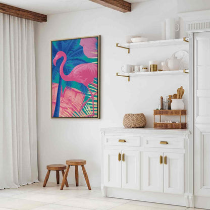 Leinwandbild - Pink Flamingo - Abstract Flamingo Against Palms and Ice Cubes