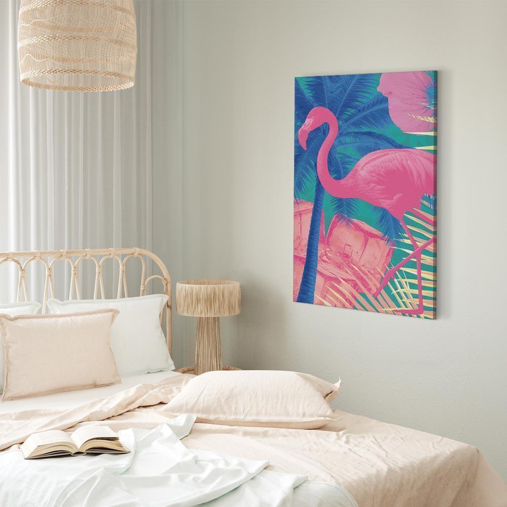 Leinwandbild - Pink Flamingo - Abstract Flamingo Against Palms and Ice Cubes