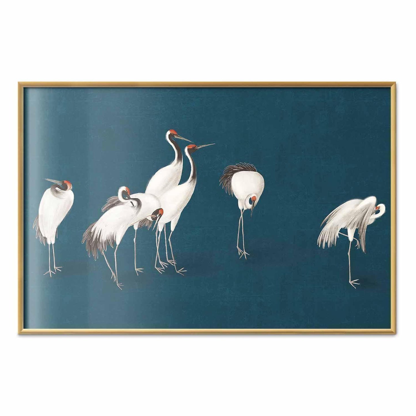 Poster - Evening at the Pond - group of cranes drawn in dry pastel on a dark turquoise background