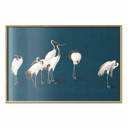 Poster - Evening at the Pond - group of cranes drawn in dry pastel on a dark turquoise background