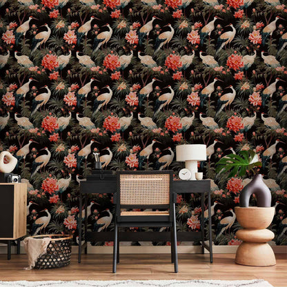 Tapete - Ornament with birds - silhouettes of cranes and peony flowers on a dark background