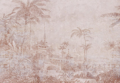 Fototapete - Landscape with temple - engraving of Indian architecture with palm trees Artgeist