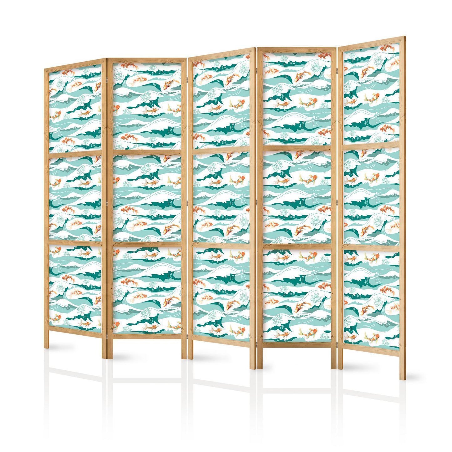 Japanischer Paravent - Fish Jumping Over Waves - Oriental Fish and Water Lilies Among High Waves in Shades of Sea Green Artgeist