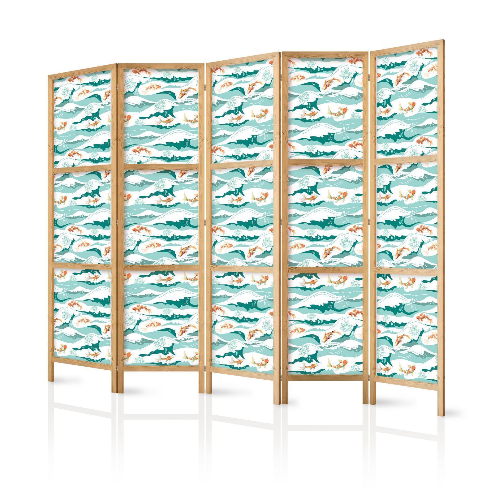 Japanischer Paravent - Fish Jumping Over Waves - Oriental Fish and Water Lilies Among High Waves in Shades of Sea Green Artgeist