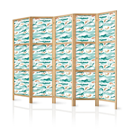 Japanischer Paravent - Fish Jumping Over Waves - Oriental Fish and Water Lilies Among High Waves in Shades of Sea Green Artgeist