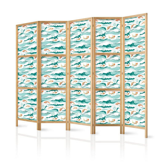 Japanischer Paravent - Fish Jumping Over Waves - Oriental Fish and Water Lilies Among High Waves in Shades of Sea Green Artgeist