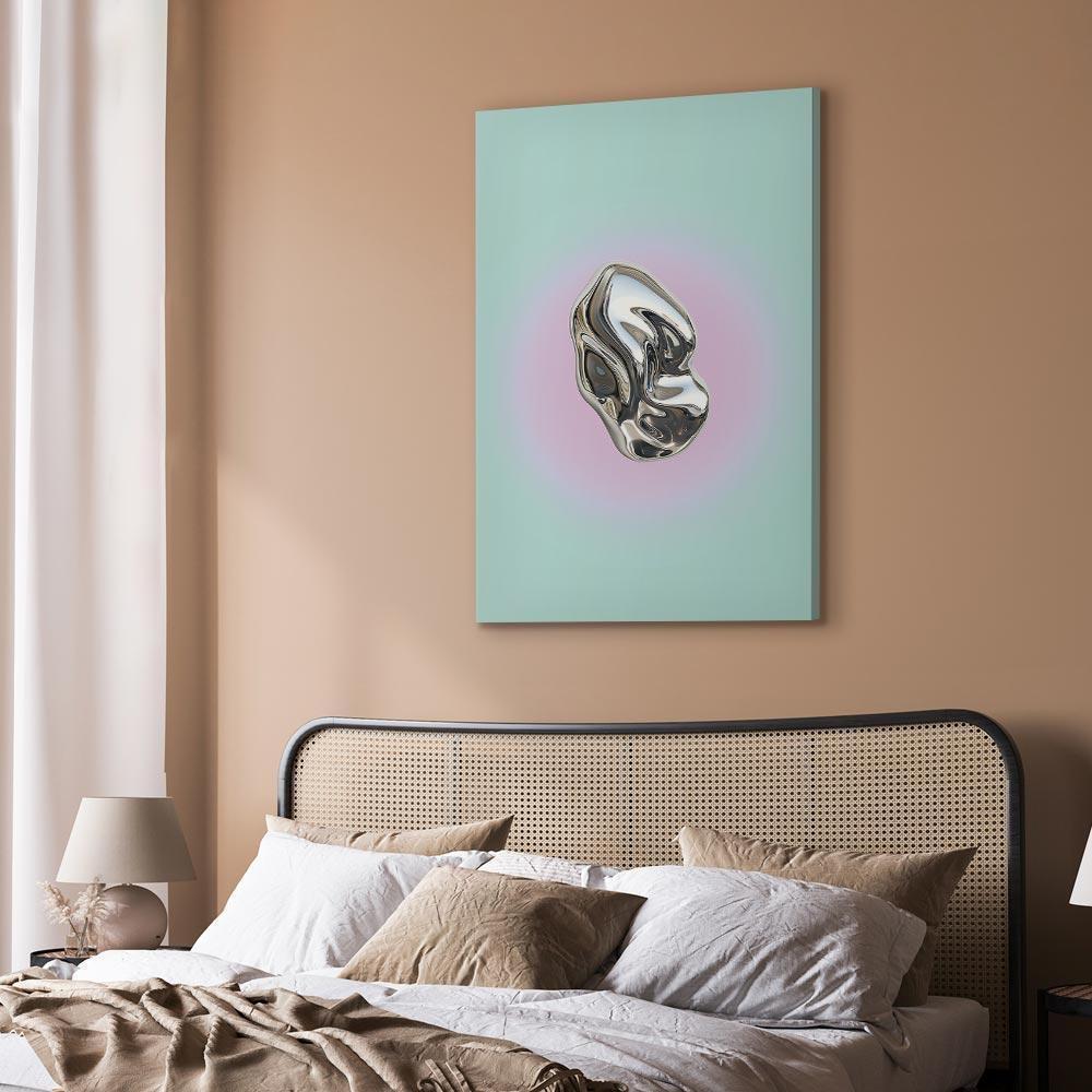 Leinwandbild - Metallic Form - Abstract Sculpture on a Mint Background with a Purple Halo