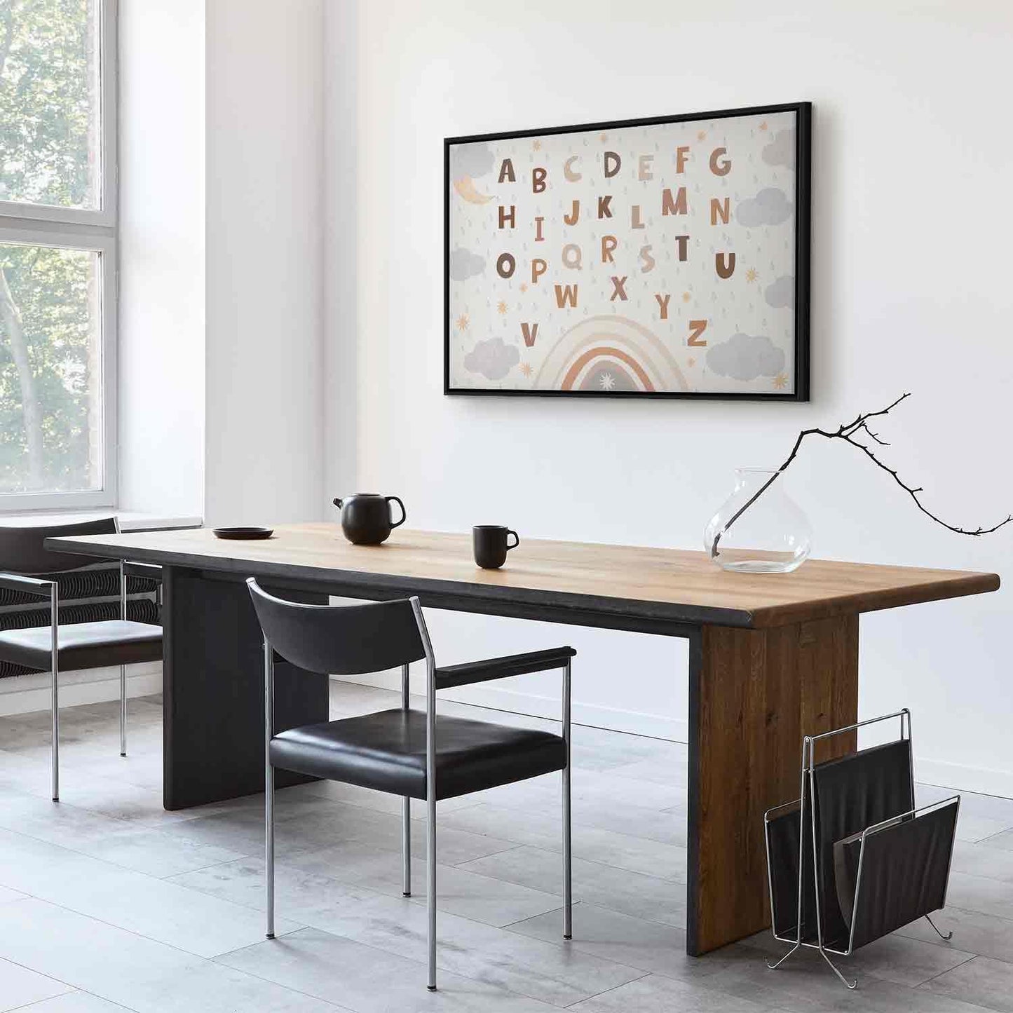 Leinwandbild - Letters Above the Rainbow - Letters Among Streams of Rain and Clouds with a Rainbow Moon and Stars on a Light Background