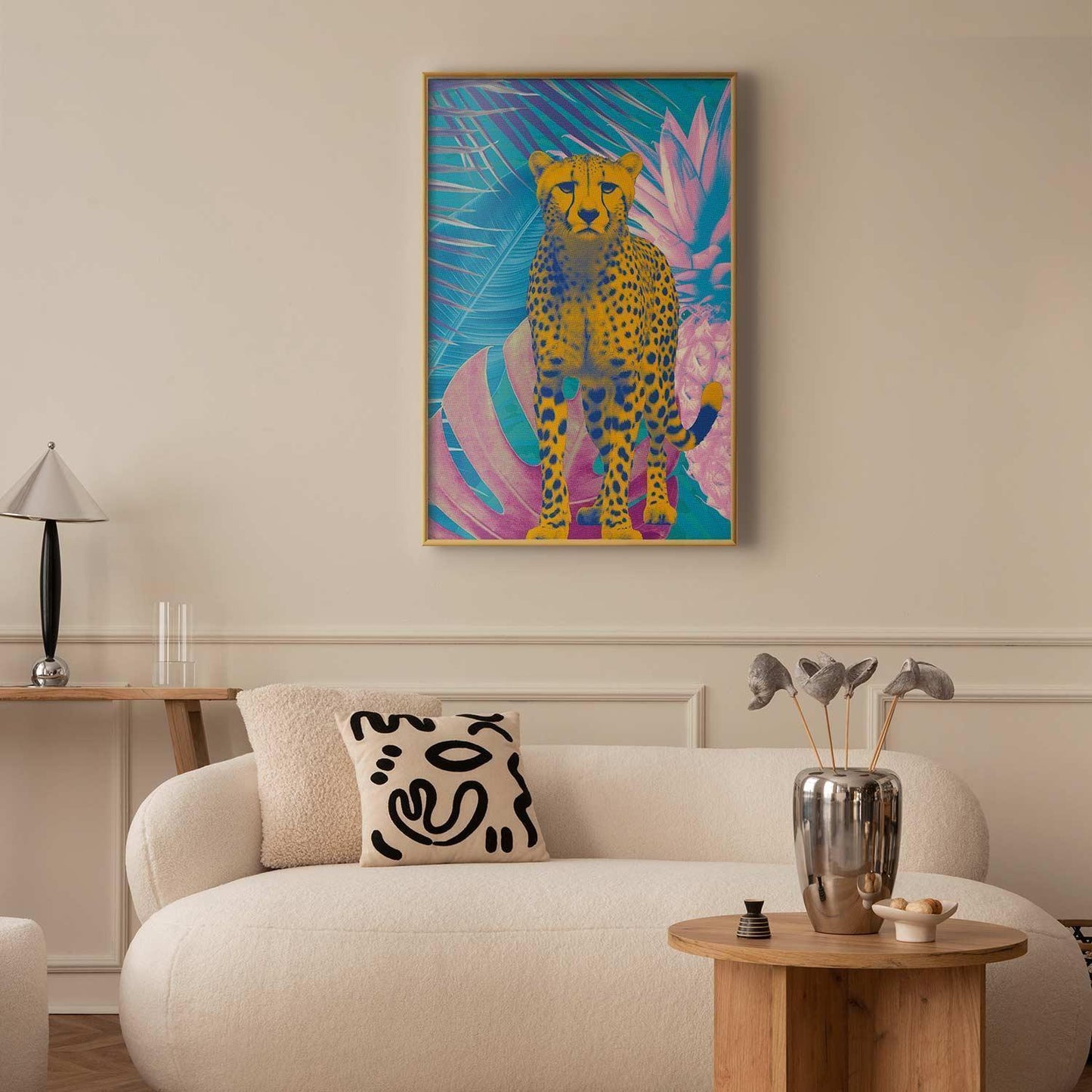Poster - Exotic Leopard - colorful portrait of a cheetah against tropical leaves