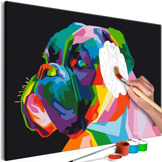 Wandbild zum Ausmalen - Bunter Boxer mit Leinwand und Farben