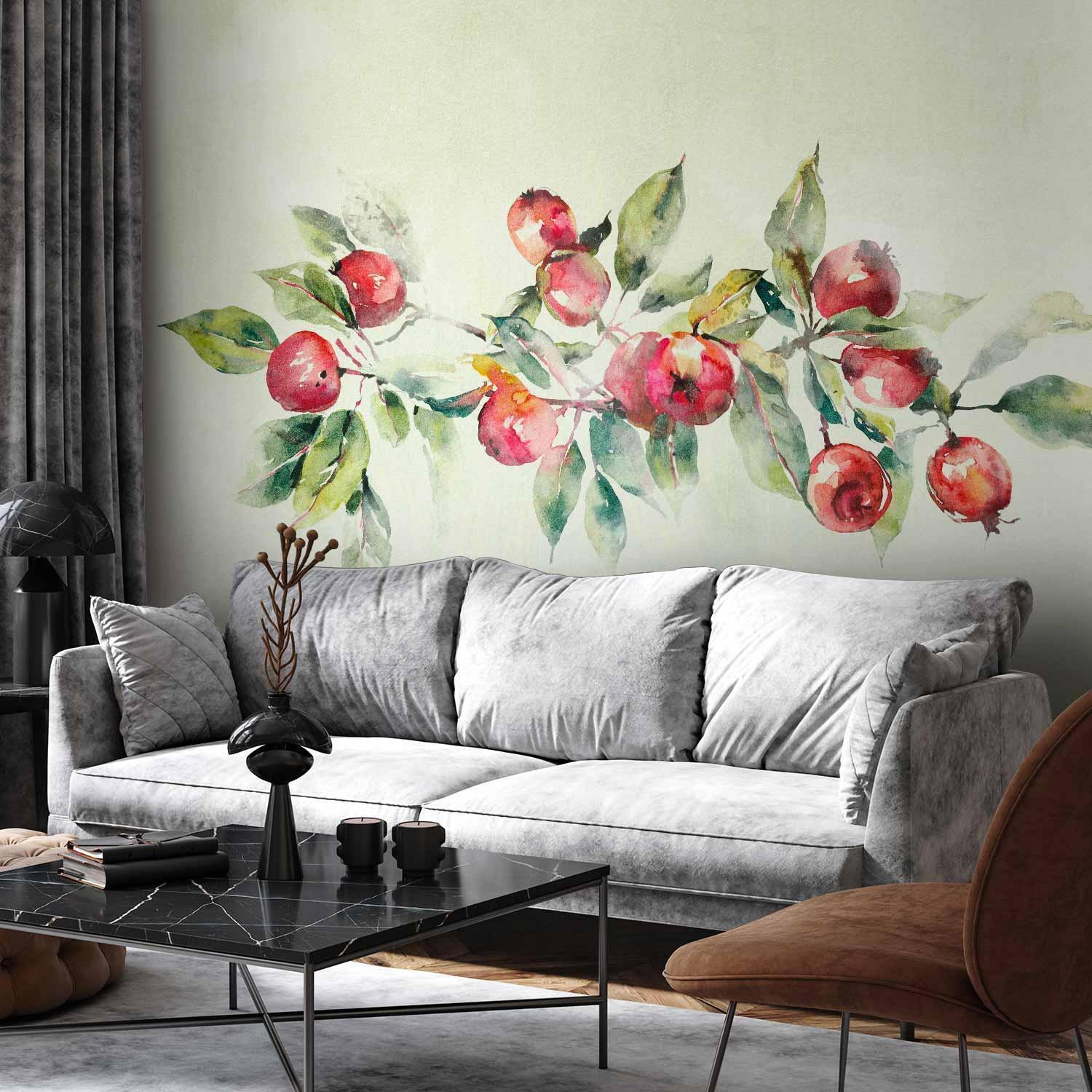 Fototapete - Apple branch - delicate landscape with a plant and apples on a white background Artgeist