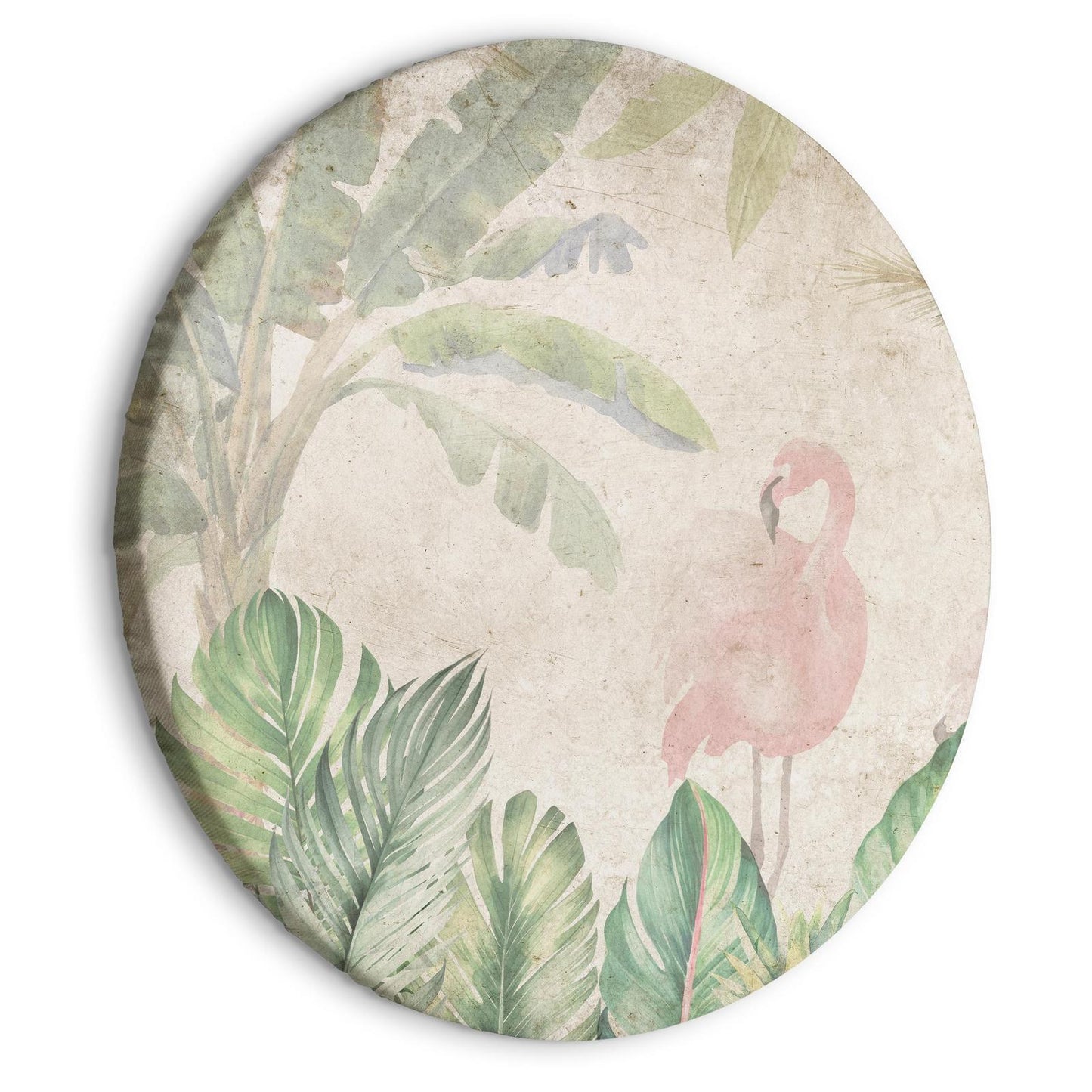 Rundes Bild - Birds wading among exotic flora - Flamingos amidst lush tropical vegetation in soft pastel shades of green/Birds in the jungle Artgeist