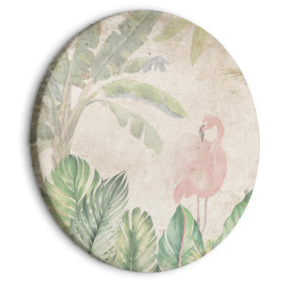 Rundes Bild - Birds wading among exotic flora - Flamingos amidst lush tropical vegetation in soft pastel shades of green/Birds in the jungle Artgeist