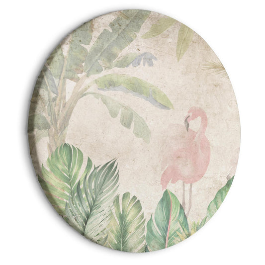 Rundes Bild - Birds wading among exotic flora - Flamingos amidst lush tropical vegetation in soft pastel shades of green/Birds in the jungle Artgeist