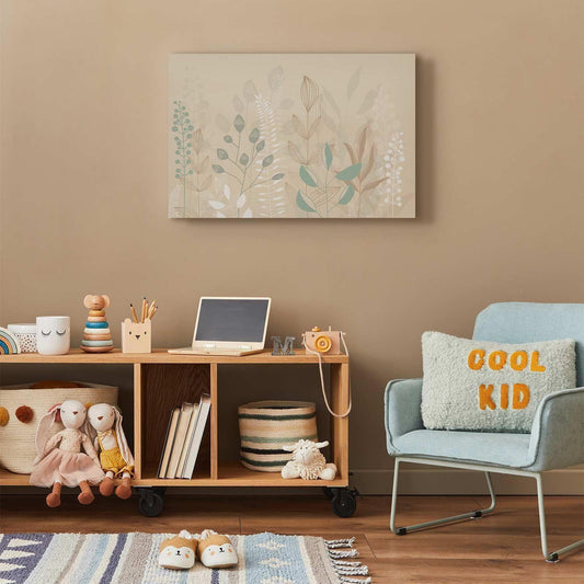 Leinwandbild - Morning in the Meadow - Various Pastel Plants on a Beige Background Artgeist