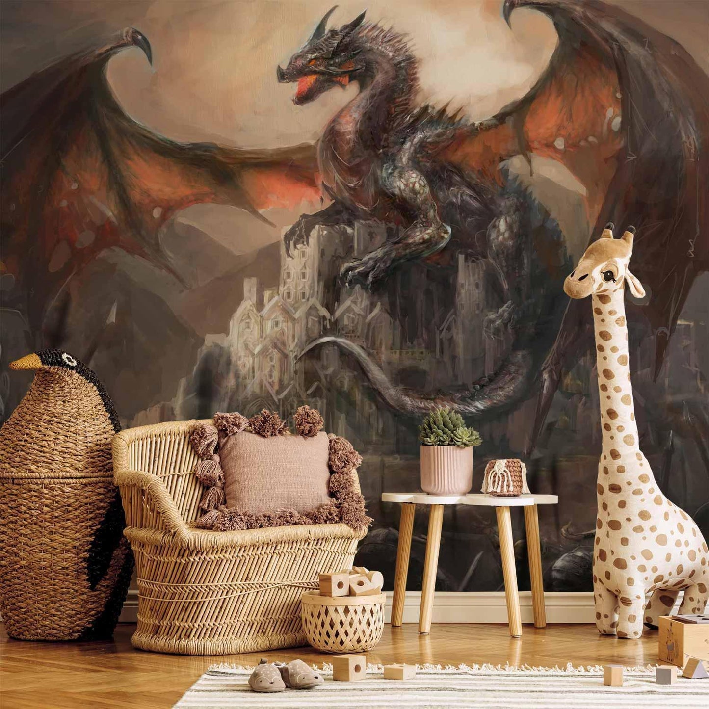 Deko-Tapete mit mittelalterlichem Schloss und Drachen

